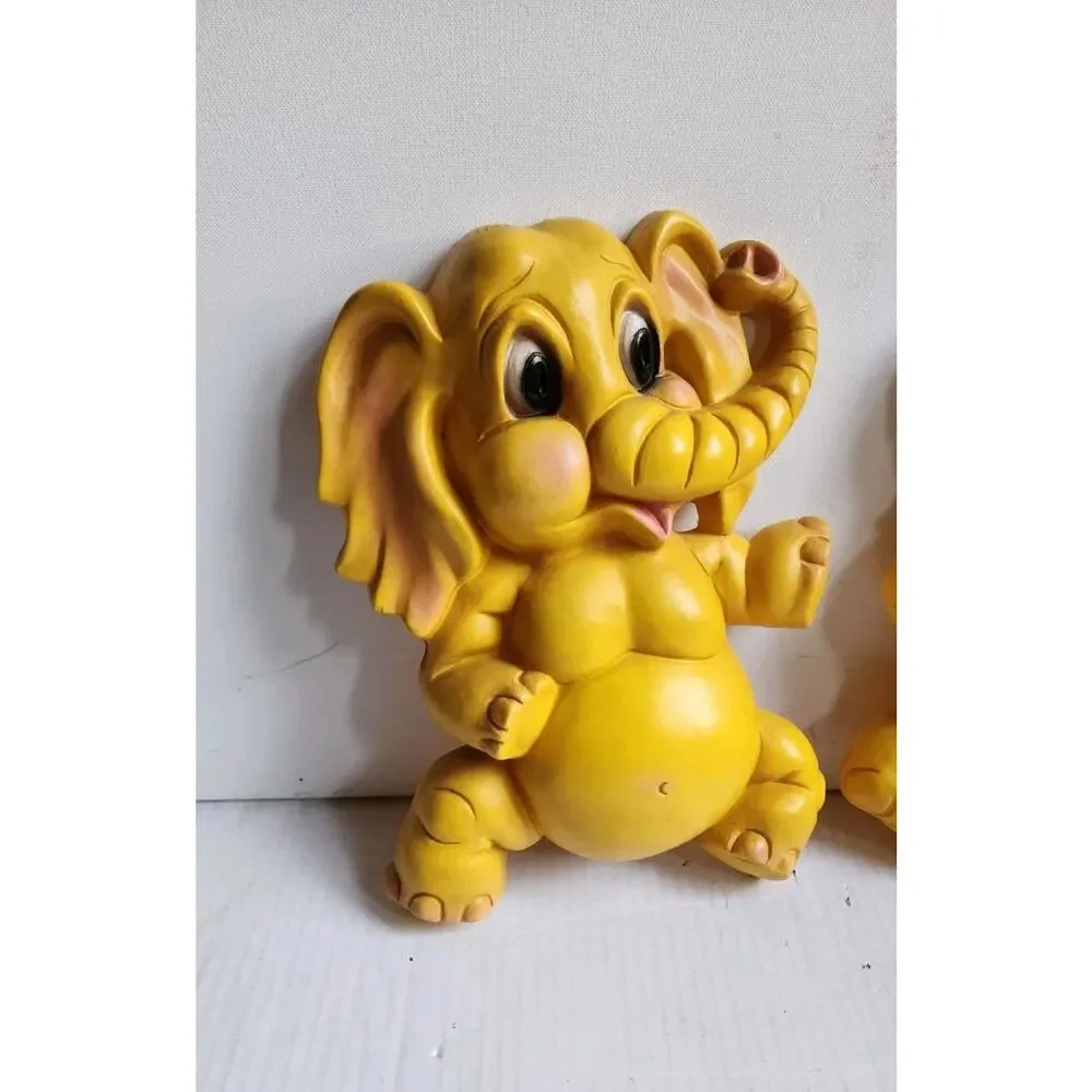 Vintage Homco Yellow Baby Elephant Wall Plaques Set Nursery Decor Retro 1970s